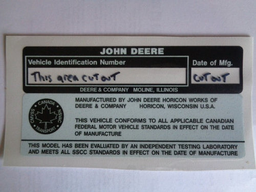 John Deere Snowmobile VIN Decals